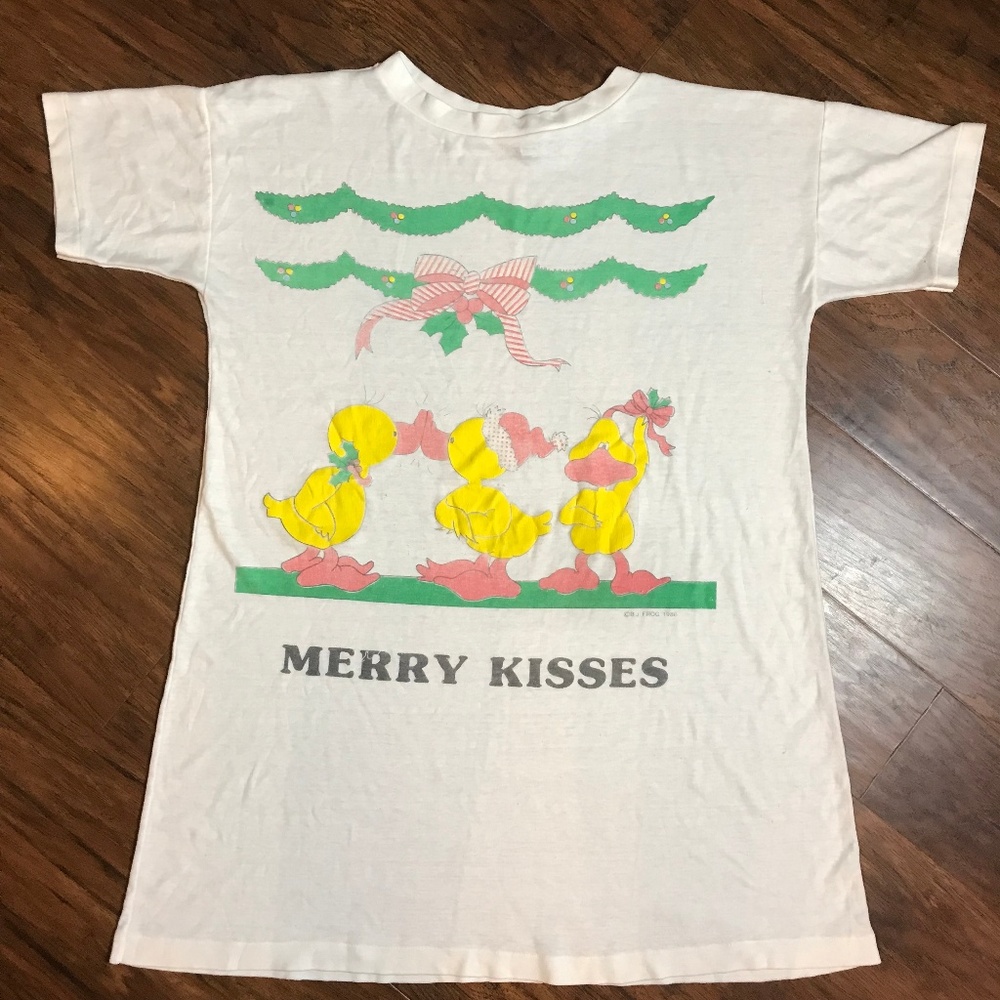 VINTAGE 80's Duck Christmas T-Shirt Tee L/XL Frog
